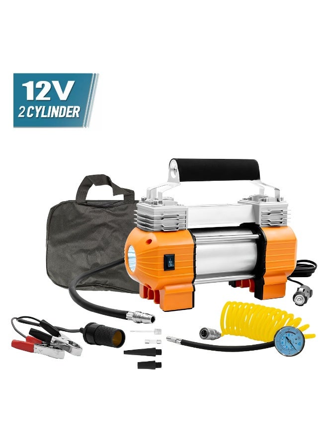 SPIDER 12V Dual Cylinder Air Compressor with LED Light 150 PSI Heavy Duty Portable Tyre Inflator 85 LPM Fast Inflation Metal Piston Battery Clamp Cigarette Lighter Plug Extension Hose Pressure Gauge for Car SUV Truck Bike Bicycle Ball Boat Pool Offroad Use - Image 1